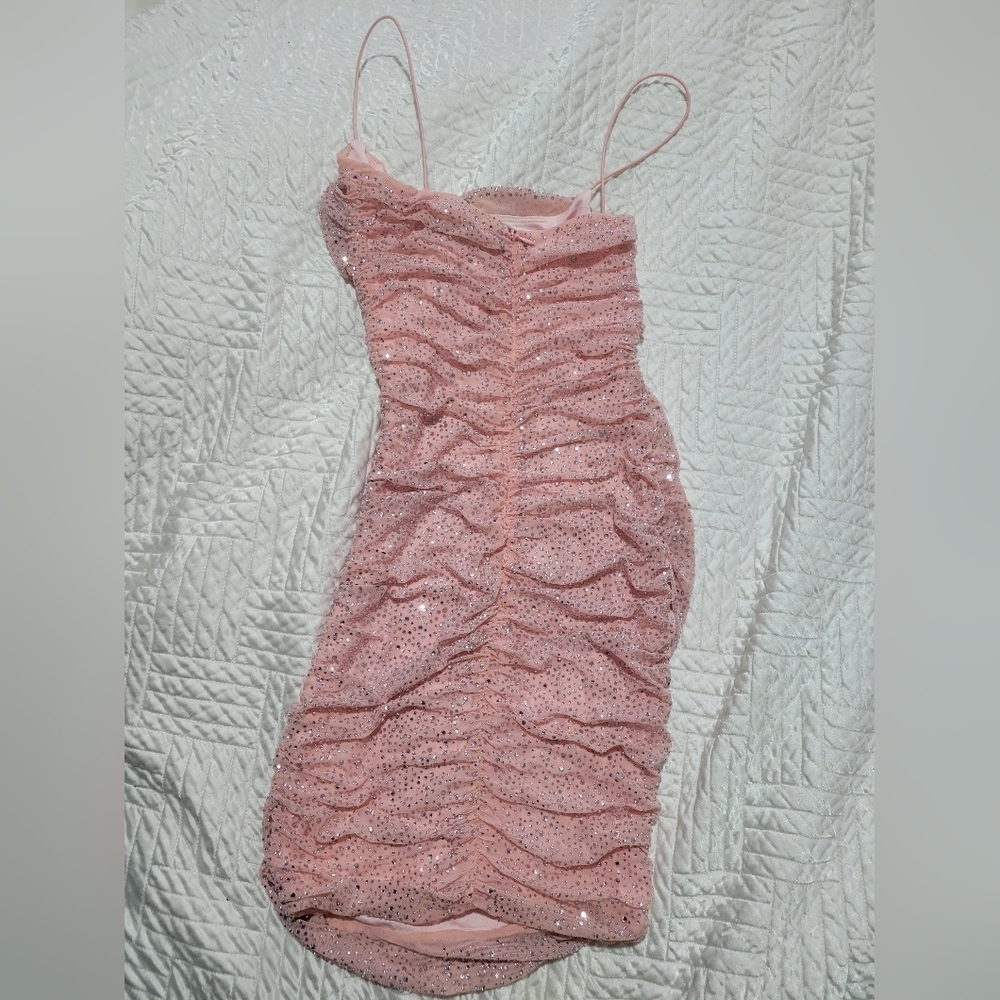 Oh Polly Blush Pink Rhinestone Ruched Mini Dress Size US 4 - Picture 4 of 5